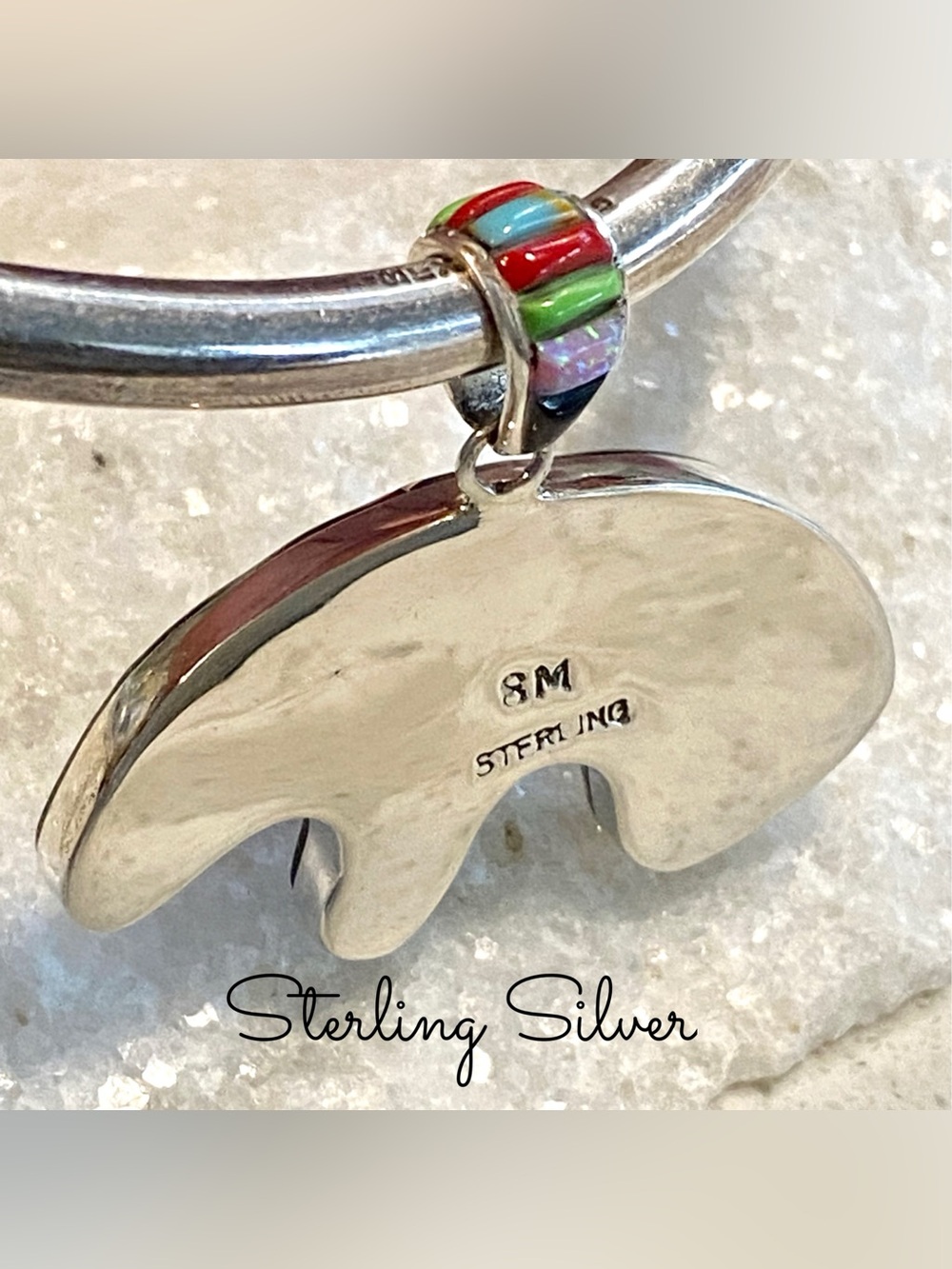 Sterling Silver - Inlay bear pendant w/ pueblo and night sky design - Picture 10 of 13